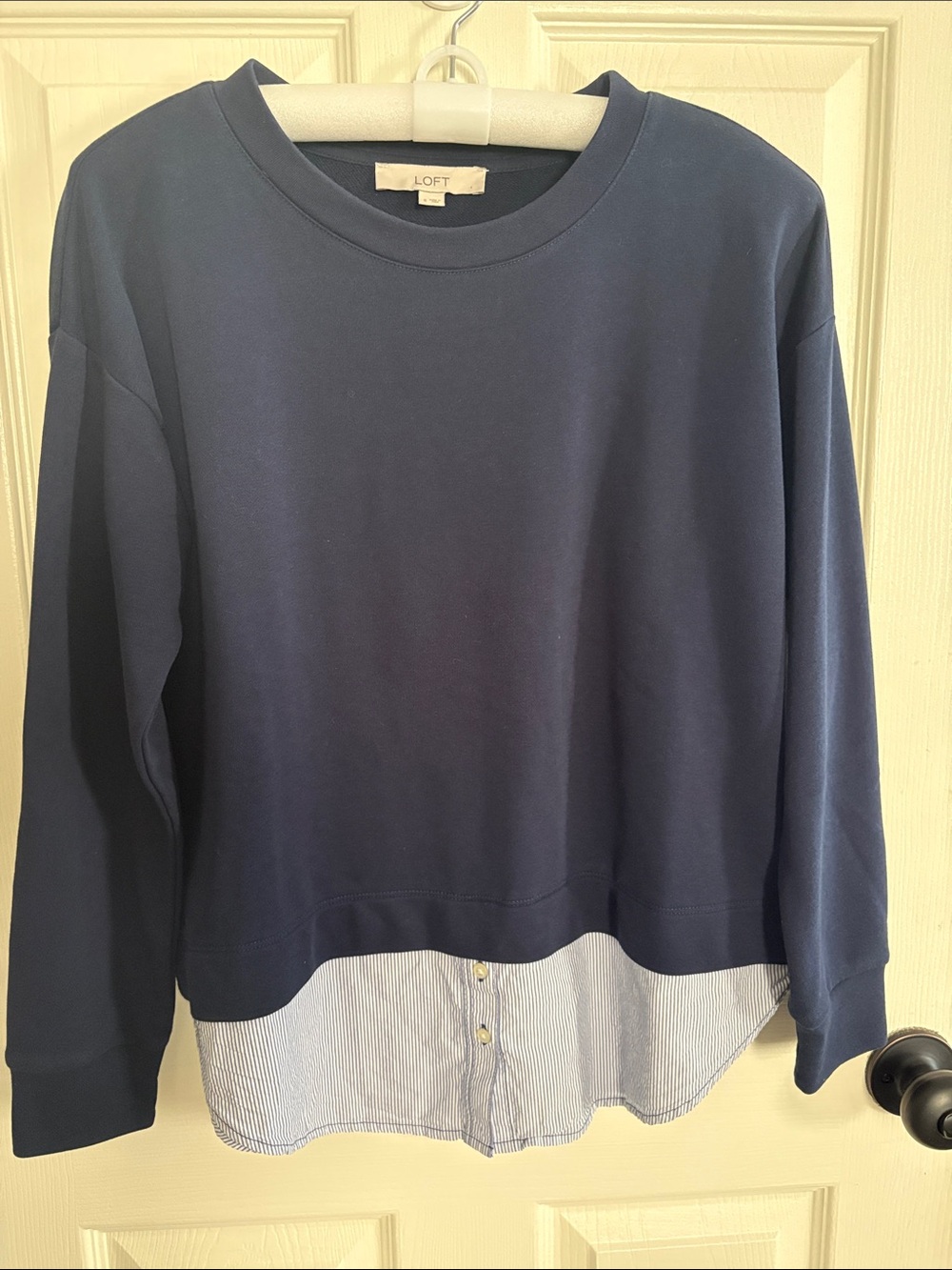 LOFT Navy Pullover with Attached Blue-White Striped Shirt Hem